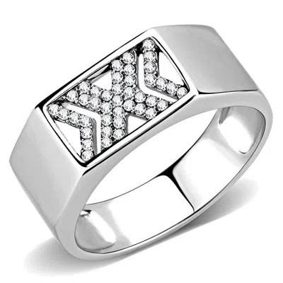 Fashnzfab High Polished (no Plating) Stainless Steel Ring With Aaa Grade Cz In Clear In Metallic