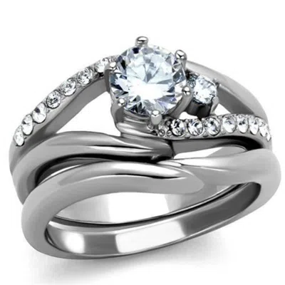 Fashnzfab High Polished (no Plating) Stainless Steel Ring With Aaa Grade Cz In Clear In Metallic