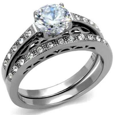Fashnzfab High Polished (no Plating) Stainless Steel Ring With Aaa Grade Cz In Clear In Metallic