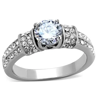 Fashnzfab High Polished (no Plating) Stainless Steel Ring With Aaa Grade Cz In Clear In Metallic