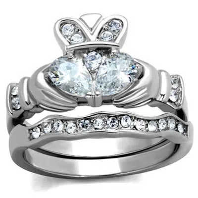 Fashnzfab High Polished (no Plating) Stainless Steel Ring With Aaa Grade Cz In Clear In Metallic
