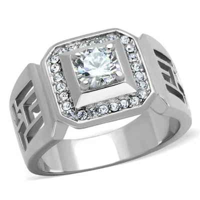 Fashnzfab High Polished (no Plating) Stainless Steel Ring With Aaa Grade Cz In Clear In Metallic