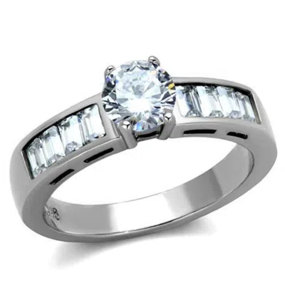 Fashnzfab High Polished (no Plating) Stainless Steel Ring With Aaa Grade Cz In Clear In Metallic