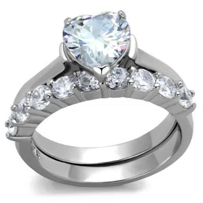 Fashnzfab High Polished (no Plating) Stainless Steel Ring With Aaa Grade Cz In Clear In Metallic