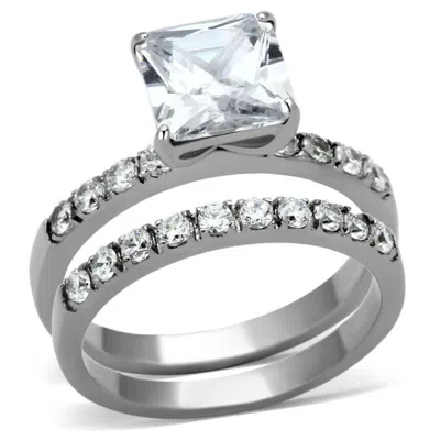 Fashnzfab High Polished (no Plating) Stainless Steel Ring With Aaa Grade Cz In Clear In Metallic