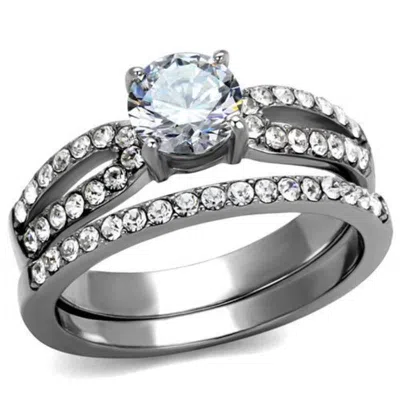 Fashnzfab High Polished (no Plating) Stainless Steel Ring With Aaa Grade Cz In Clear In Metallic