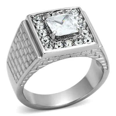 Fashnzfab High Polished (no Plating) Stainless Steel Ring With Aaa Grade Cz In Clear In Metallic