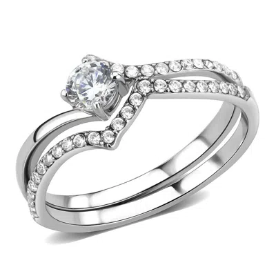Fashnzfab High Polished (no Plating) Stainless Steel Ring With Aaa Grade Cz In Clear In Metallic