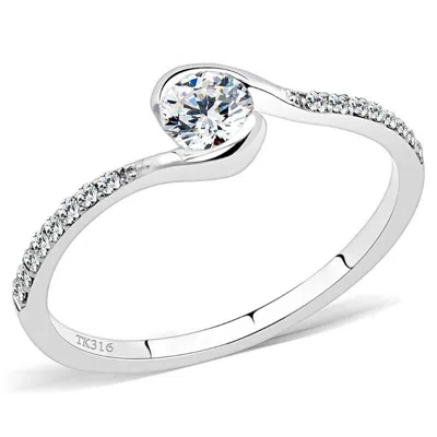 Fashnzfab High Polished (no Plating) Stainless Steel Ring With Aaa Grade Cz In Clear In Metallic