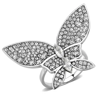 Fashnzfab High Polished (no Plating) Stainless Steel Ring With Aaa Grade Cz In Clear In Metallic
