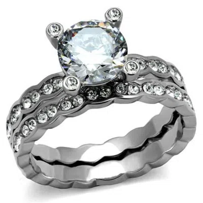 Fashnzfab High Polished (no Plating) Stainless Steel Ring With Aaa Grade Cz In Clear In Metallic
