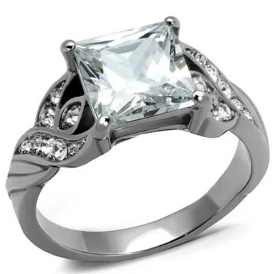 Fashnzfab High Polished (no Plating) Stainless Steel Ring With Aaa Grade Cz In Clear In Metallic
