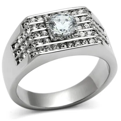 Fashnzfab High Polished (no Plating) Stainless Steel Ring With Aaa Grade Cz In Clear In Metallic