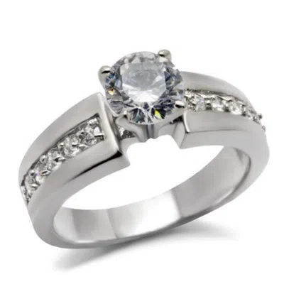 Fashnzfab High Polished (no Plating) Stainless Steel Ring With Aaa Grade Cz In Clear In Metallic