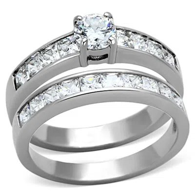 Fashnzfab High Polished (no Plating) Stainless Steel Ring With Aaa Grade Cz In Clear In Silver