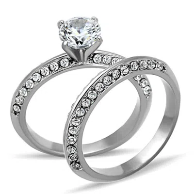 Fashnzfab High Polished (no Plating) Stainless Steel Ring With Aaa Grade Cz In Clear In Metallic