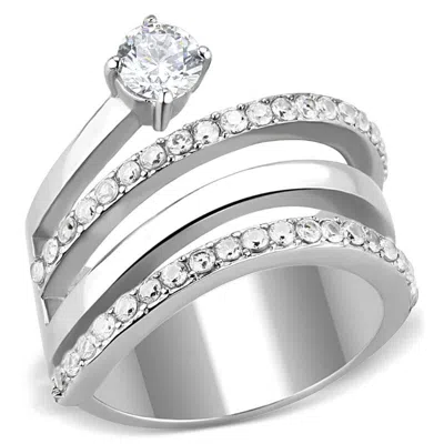 Fashnzfab High Polished (no Plating) Stainless Steel Ring With Aaa Grade Cz In Clear In Metallic