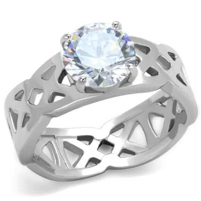 Fashnzfab High Polished (no Plating) Stainless Steel Ring With Aaa Grade Cz In Clear In Silver