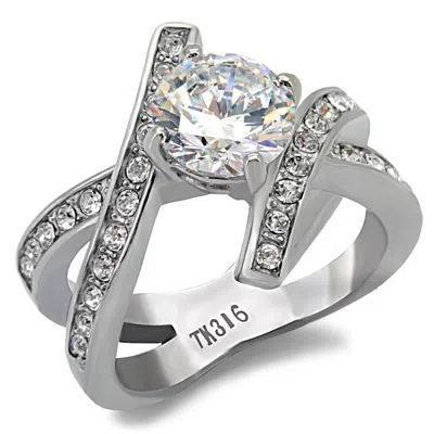 Fashnzfab High Polished (no Plating) Stainless Steel Ring With Aaa Grade Cz In Clear In Metallic