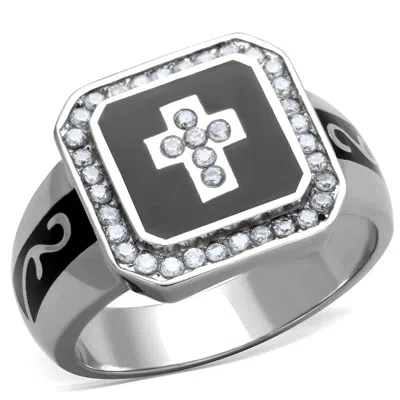 Fashnzfab High Polished (no Plating) Stainless Steel Ring With Aaa Grade Cz In Clear In Metallic