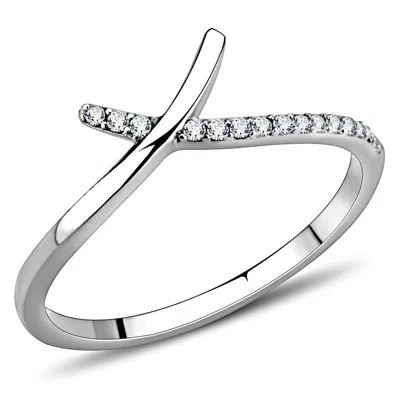 Fashnzfab High Polished (no Plating) Stainless Steel Ring With Aaa Grade Cz In Clear In Metallic