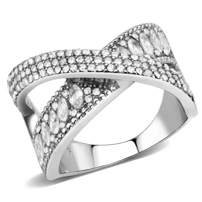 Fashnzfab High Polished (no Plating) Stainless Steel Ring With Aaa Grade Cz In Clear In Metallic