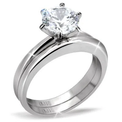 Fashnzfab High Polished (no Plating) Stainless Steel Ring With Aaa Grade Cz In Clear In Pattern