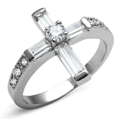 Fashnzfab High Polished (no Plating) Stainless Steel Ring With Aaa Grade Cz In Clear In Silver