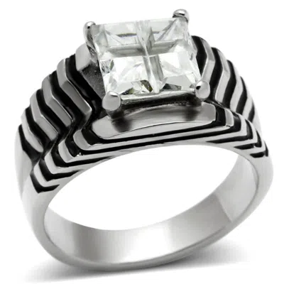 Fashnzfab High Polished (no Plating) Stainless Steel Ring With Aaa Grade Cz In Clear In Silver