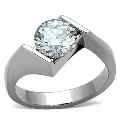 Fashnzfab High Polished (no Plating) Stainless Steel Ring With Aaa Grade Cz In Clear In Silver