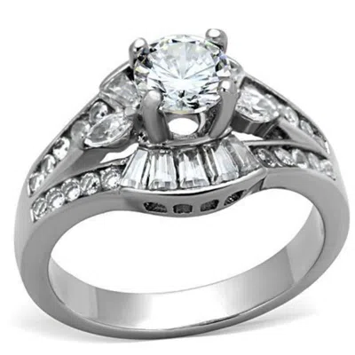 Fashnzfab High Polished (no Plating) Stainless Steel Ring With Aaa Grade Cz In Clear In Silver