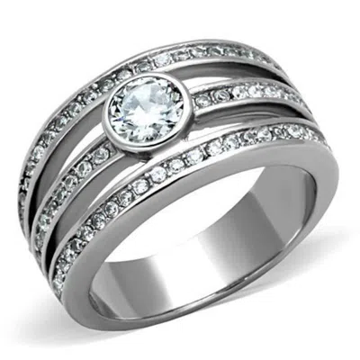 Fashnzfab High Polished (no Plating) Stainless Steel Ring With Aaa Grade Cz In Clear In Silver