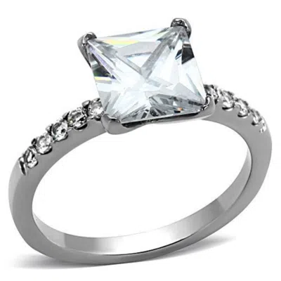 Fashnzfab High Polished (no Plating) Stainless Steel Ring With Aaa Grade Cz In Clear In Silver