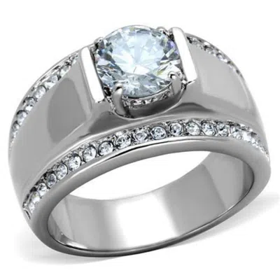 Fashnzfab High Polished (no Plating) Stainless Steel Ring With Aaa Grade Cz In Clear In Silver