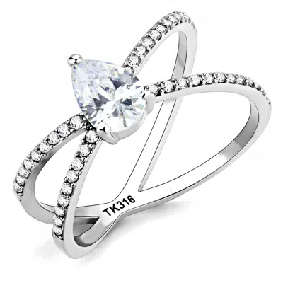 Fashnzfab High Polished (no Plating) Stainless Steel Ring With Aaa Grade Cz In Clear In Silver