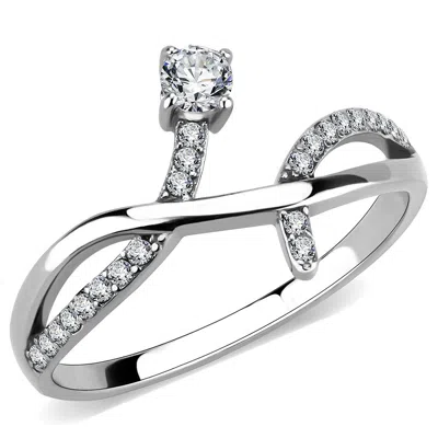 Fashnzfab High Polished (no Plating) Stainless Steel Ring With Aaa Grade Cz In Clear In Silver