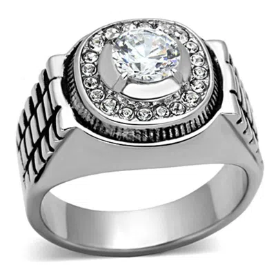 Fashnzfab High Polished (no Plating) Stainless Steel Ring With Aaa Grade Cz In Clear In Silver
