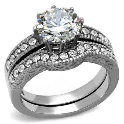 Fashnzfab High Polished (no Plating) Stainless Steel Ring With Aaa Grade Cz In Clear In Silver