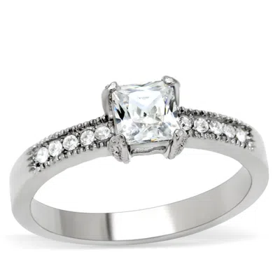 Fashnzfab High Polished (no Plating) Stainless Steel Ring With Aaa Grade Cz In Clear In Silver