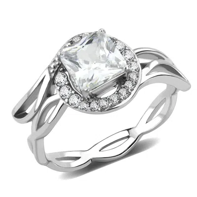 Fashnzfab High Polished (no Plating) Stainless Steel Ring With Aaa Grade Cz In Clear In Silver