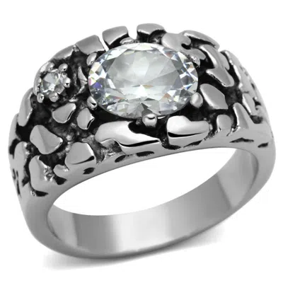 Fashnzfab High Polished (no Plating) Stainless Steel Ring With Aaa Grade Cz In Clear In Silver