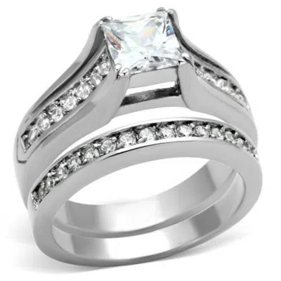Fashnzfab High Polished (no Plating) Stainless Steel Ring With Aaa Grade Cz In Clear In Silver