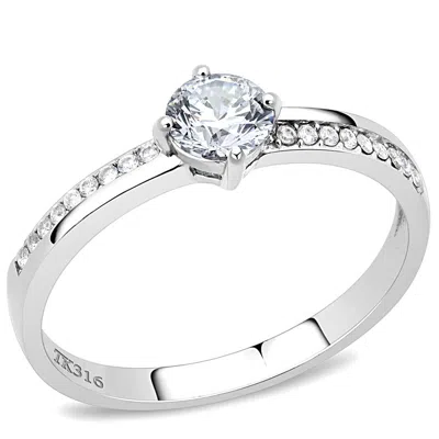 Fashnzfab High Polished (no Plating) Stainless Steel Ring With Aaa Grade Cz In Clear In Silver