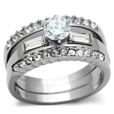 Fashnzfab High Polished (no Plating) Stainless Steel Ring With Aaa Grade Cz In Clear In Silver