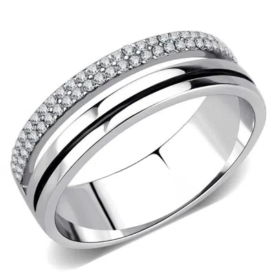 Fashnzfab High Polished (no Plating) Stainless Steel Ring With Aaa Grade Cz In Clear In Silver