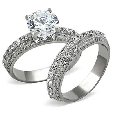 Fashnzfab High Polished (no Plating) Stainless Steel Ring With Aaa Grade Cz In Clear In Silver