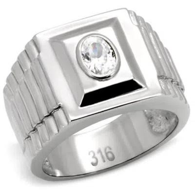 Fashnzfab High Polished (no Plating) Stainless Steel Ring With Aaa Grade Cz In Clear In Silver