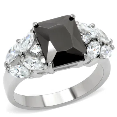 Fashnzfab High Polished (no Plating) Stainless Steel Ring With Aaa Grade Cz In Jet In Metallic