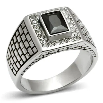Fashnzfab High Polished (no Plating) Stainless Steel Ring With Aaa Grade Cz In Jet In Silver
