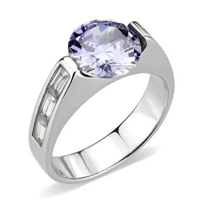Fashnzfab High Polished (no Plating) Stainless Steel Ring With Aaa Grade Cz In Lightamethyst In Metallic